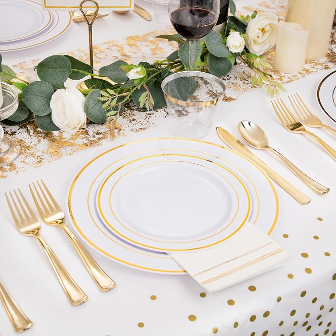 GATHER 175 Pieces Gold Dinnerware Disposable - White and Gold Plastic Plates Includes 50 Plates, 25 Plastic Silverware, 25 Napkins, 25 Cups for Wedding Party