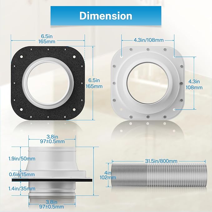Hon&Guan Magnetic Dryer Vent Coupling Connector Kit DV180 with 4'' 2.6FT Semi Rigid Dryer Vent Hose for Tight Space & Aluminum Foil Tape,2 Clamps(White)