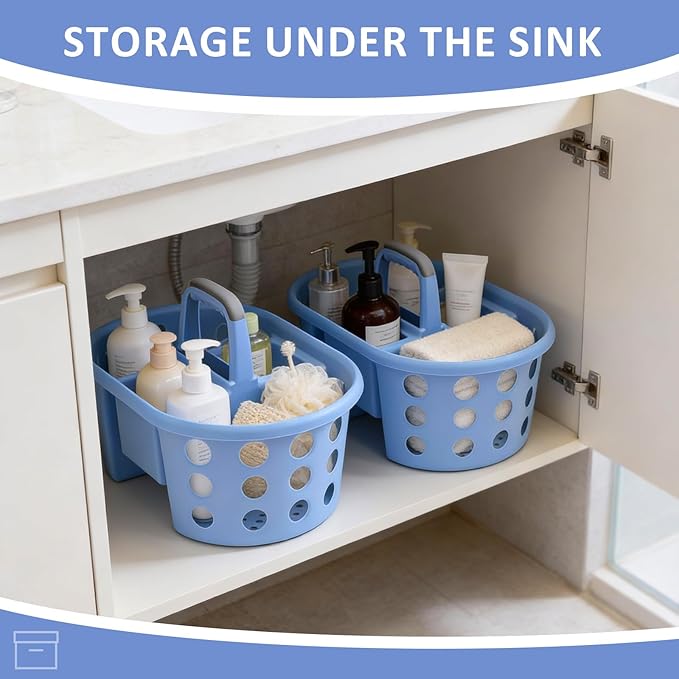 SIMPLYKLEEN Large Shower Caddy Portable 2PC - Made in USA Plastic Jumbo Size Dorm Storage Candy Tote with Handle Shower Organizer for Bathroom, Pantry, Kitchen, College Dorm, Periwinkle