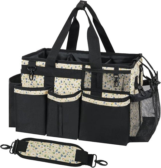 SCAVATA Wearable Cleaning Caddy, Cleaning Caddy Supplies Organizer with Handle & Shoulder Straps for Housekeepers, Under Sink & Car Cleaning Tool Organizers Bag with 4 Foldable Divider (YellowFlower)