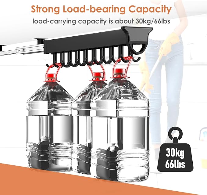 Pull-out Mop and Broom Holder with 20 Sliding Hooks, Slide Broom Closet Organizer Sliding Garage Storage Rack for Home Kitchen Wardrobe Closet Laundry Cupboard