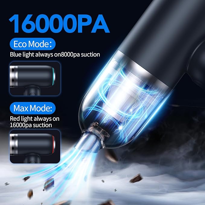 Handheld Vacuum Cordless, Car Vacuum with Brushless Motor & 16KPa Strong Suction, 4 in 1 Rechargeable Mini Vacuum Cleaner with LED Light, Hand Held Vacuum for Car Home Office and Pet, Black