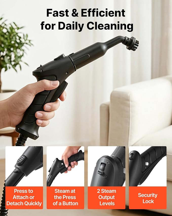 VEVOR Steam Cleaner, 34 oz Tank, Steamer for Cleaning with 20 Accessories, Extended Power Cord and Hose, Portable Handle, Fast Heating, Powerful Canister Steam Cleaner for Home, Car Detailing, Floors