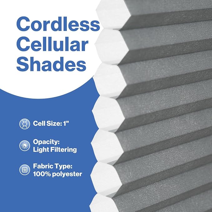 No Drill Cellular Shades, Dark Gray Custom Size Cordless Light Filtering Pull Down Pleated Honeycomb Blind Thermal Insulated Easy Install for Indoor Window Bedroom Living Room Kitchen Door