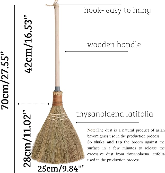 BMart Home Natural Whisk Sweeping Hand Handle Broom - Vietnamese Straw Soft Broom for Cleaning Dustpan Indoor - Outdoor - Decorative Brooms - Wooden Handle - 9.84'' Width, 29.75" Length