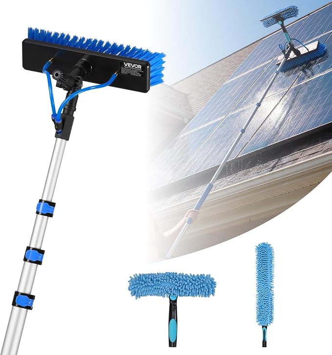 VEVOR Solar Panel Cleaning Kit, 20 ft, Water Fed Pole Kit with Cleaning Brush, Soap Dispenser, Extendable Aluminum Telescopic Pole, 180° Rotatable Brush Head, for Roof Mounted Solar Panels, Windows