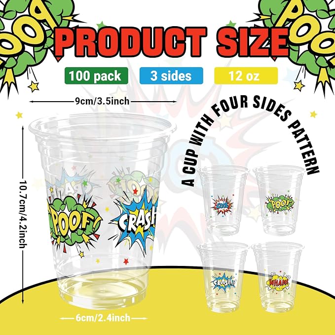 100 Pack Hero Party Plastic Cups 12 Oz Comic Themed Disposable Cups Hero's Action Birthday Party Decoration for Beverage Coffee Birthday Party Supplies