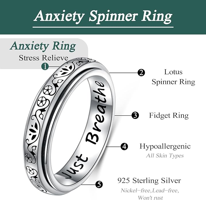 Ladytree Spinner Fidget Anxiety Ring,925 Sterling Silver Stress Relief Worry Ring,Platinum Plated ADHD Autism Jewelry,Birthday Mom Gift for Women