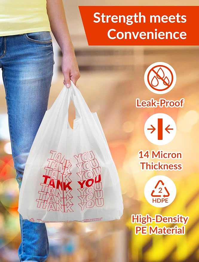 UMT Plastar 1000 Count White Thank You Plastic T-Shirt Bags with Handles, 10.5" x 5.5" x 17.5" (1/8 Size), 14 Mic Grocery Bags for Retail, Shopping, Takeout, Convenience Stores & Small Trash Bags