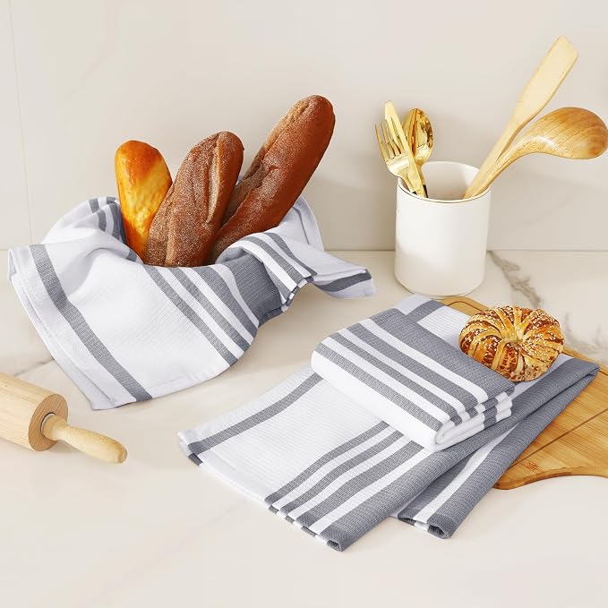 Homaxy Premium Kitchen Towels 18”x 28”, Large Cotton 380 GSM Kitchen Hand Towels, Stripe and Terry Dish Towel, Highly Absorbent Tea Towel Set with Hanging Loop, 3 Pack, Grey
