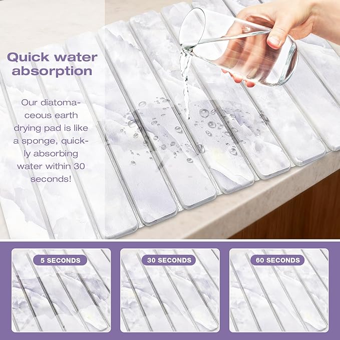 Elegant Grey Marble Drying Mat, Collapsible & Extra Large Absorbent Diatomite Stone Tray for Kitchen Counter, Quick Dry Dish Drying Pad for Dishes, Cups, Pots & Utensils 24”x16”