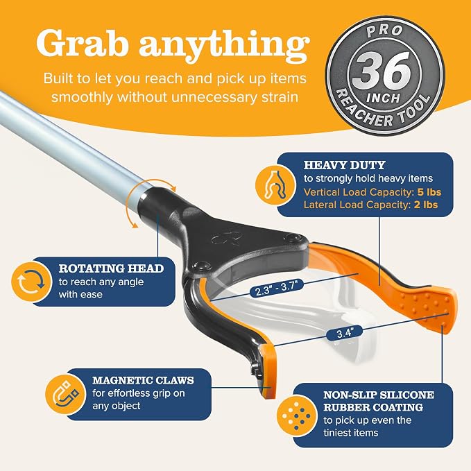 EZPIK Pro 36" Flexible Folding Grabber Tool for Elderly + Magnets, Reacher for Disabled & Seniors Heavy Duty Rotating Grippers for Reaching Underneath, Trash Grabbers & Dressing Stick