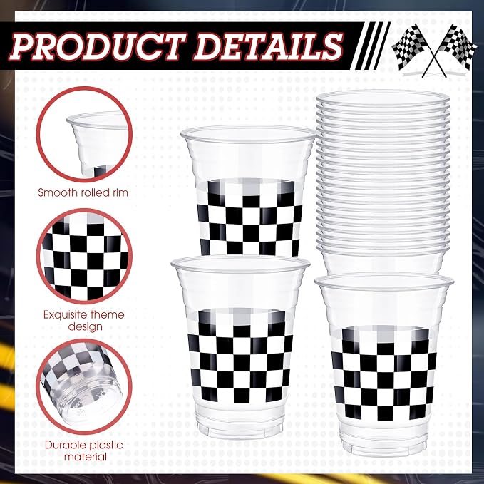 SiliFine 50 Pcs 12 oz Checkered Racing Party Plastic Cups Black and White Disposable Clear Cup Buffalo Gingham Plaid Cups for Race Car Sports Themed Birthday Party Favors Supplies Decorations