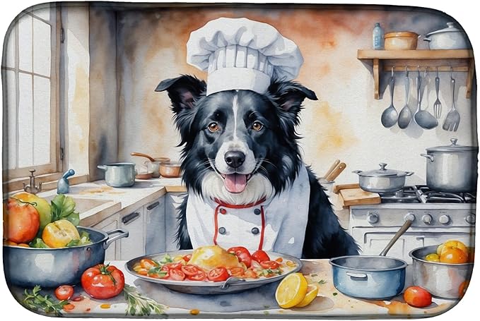 Caroline's Treasures DAC6212DDM Border Collie The Chef Dish Drying Mat Absorbent Dish Drying Mat Pad for Kitchen Counter Dish Drainer Mat for Countertop, 14 x 21", Multicolor