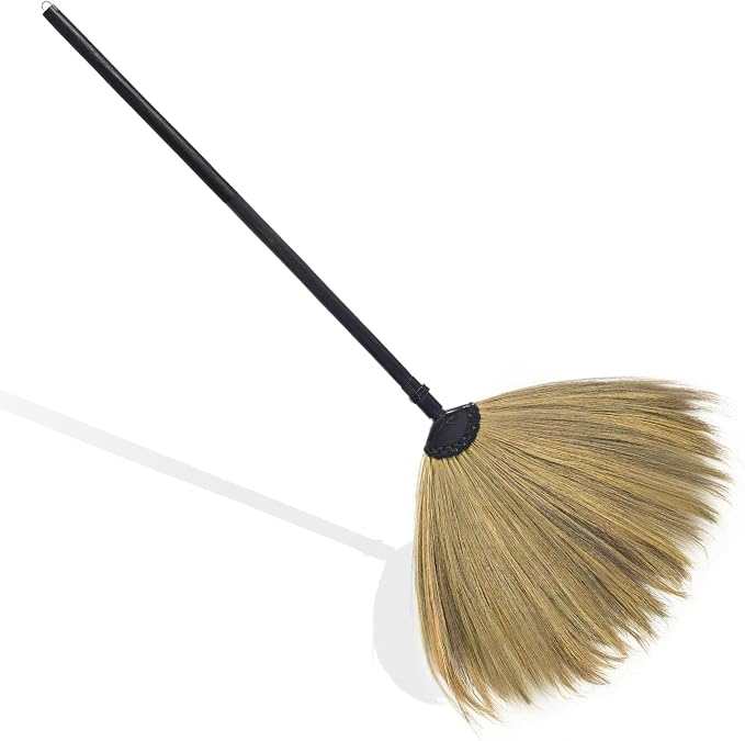 2-Piece Black Wooden Handle Vietnamese Straw Broom, Handmade Asian Grass Broom with Soft Natural Bristles for Indoor Floor, Kitchen, Living Room & Outdoor Sweeping, Household Cleaning