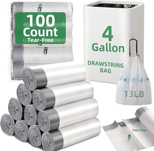 100 Counts 4 Gallon Trash Bag Drawstring Small Trash Bags, Thick Pre-separated Garbage Bags, Trash Bin Liners, Suitable for bathroom, kitchen, bedroom, office (White)