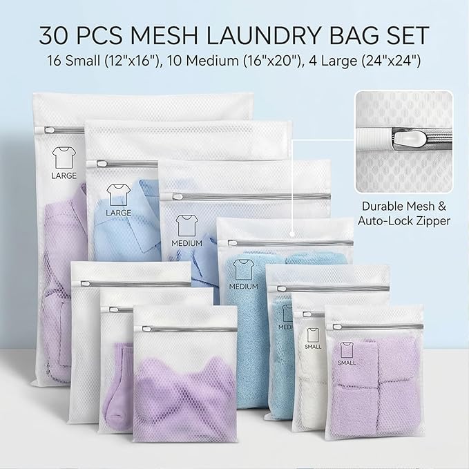 Mesh Laundry Bags for Delicates - 12x16/16x20/24x24 Inches Washing Bags for Bras, Lingerie, Socks, Baby Clothes, 3 sizes 30 Pack