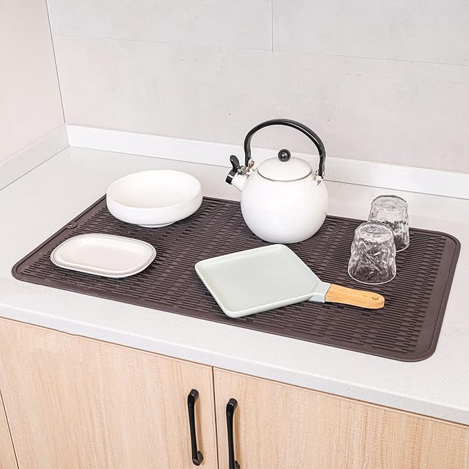 MicoYang Silicone Dish Drying Mat for Multiple Usage,Easy clean,Eco-friendly,Heat-resistant Silicone Mat for Kitchen Counter or Sink,Refrigerator or Drawer Liner Coffee 4XL 32 inches x 18 inches