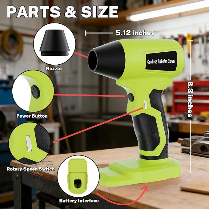 Cordless Dust Blower Compatible with Ryobi One 18V Battery, Handhled Leaf Blower Electric Compressed Air Duster Turbo Jet Fan with Nozzles for Blowing Leaves and Dust(Battery Not Included)