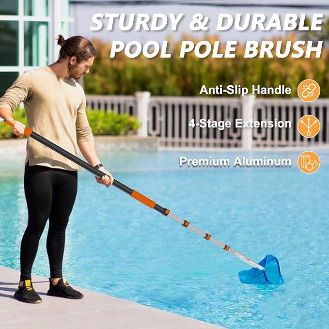 Buyplus 16FT Telescoping Pool Pole with Brush, Heavy Duty Reinforced Aluminum Telescopic Pole Adjusts 4-16 Feet, Includes 19" Swimming Pool Brush Head, Universal Fit for Skimmer Net, Vacuum Head