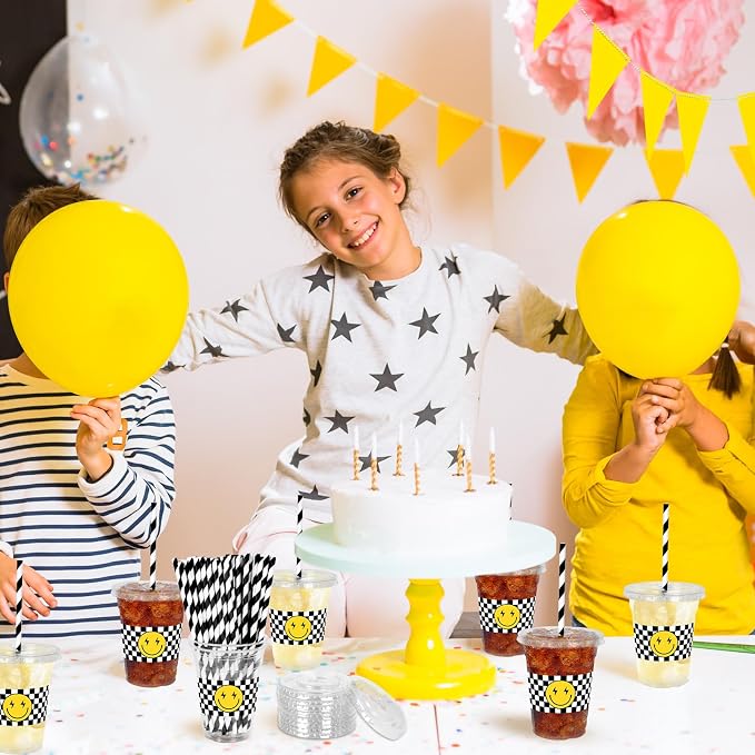 Whaline 50 Pcs One Happy Dude Disposable Plastic Cups with Lids and Straws 12 Oz Smile Face Checkered Cold Beverage Drinking Cups for Birthday Baby Shower Favors