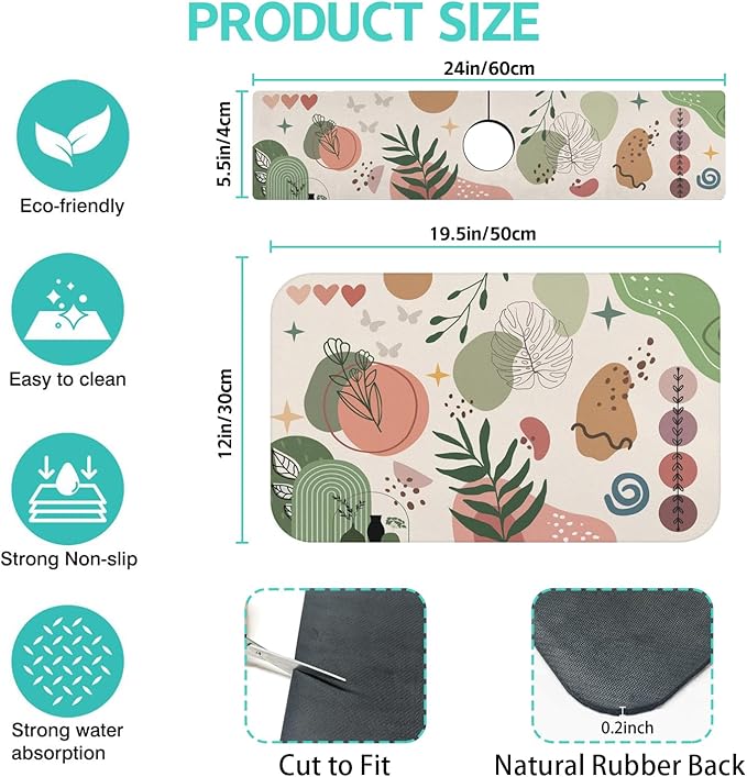 Dish Drying Mat for Kitchen Counter Matt, 2PCS 19"x12" Dish Drainer Mat & 24"x5.5" Sink Splash Guard, Super Absorbent Non-slip Rubber Backed