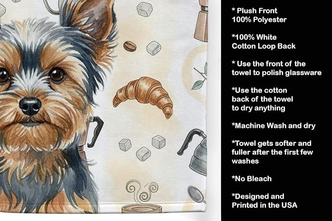 Caroline's Treasures Blue and Tan Yorkshire Terrier Coffee Bar Kitchen Towel Velour Plush Front and Cotton Loop Back Machine Washable