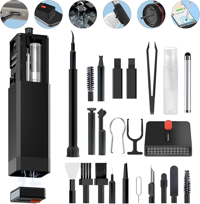 Cell Phone Cleaning Kit, iPhone Cleaning Kit for Charging Port Cleaner Keyboard Cleaning Kit for Airpods/Android/USB C/Earbuds/Laptop/iPad/Camera Lens with Stylus Pen (Black)