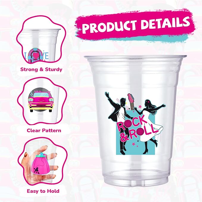 100Pcs 1950s Plastic Cups 16 oz 50s Rock and Roll Disposable Cups 50's Retro Music Plastic Tumblers for 1950s Music Rocking Hip Hop Birthday Party Supplies Beverage Drinking