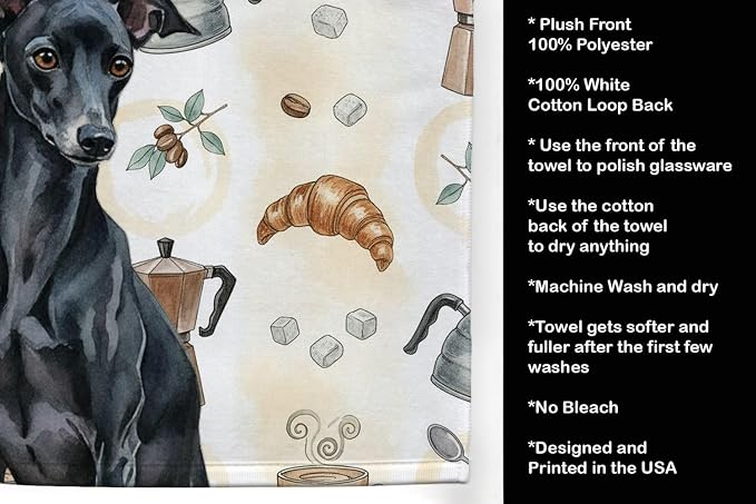 Caroline's Treasures Black Italian Greyhound Coffee Bar Kitchen Towel Velour Plush Front and Cotton Loop Back Machine Washable