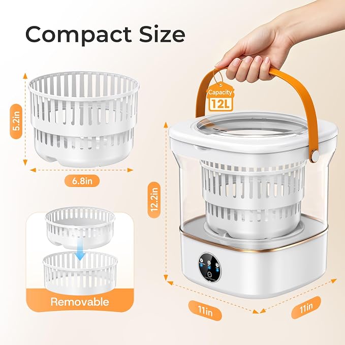 Portable Washing Machine, 12L Mini Washer with Spin Basket, 5/10 Min Wash & 4 Min Spin, Compact Portable Washer with Drain Hose for Baby Clothes, Underwear, Socks, Apartment, Dorm, RV