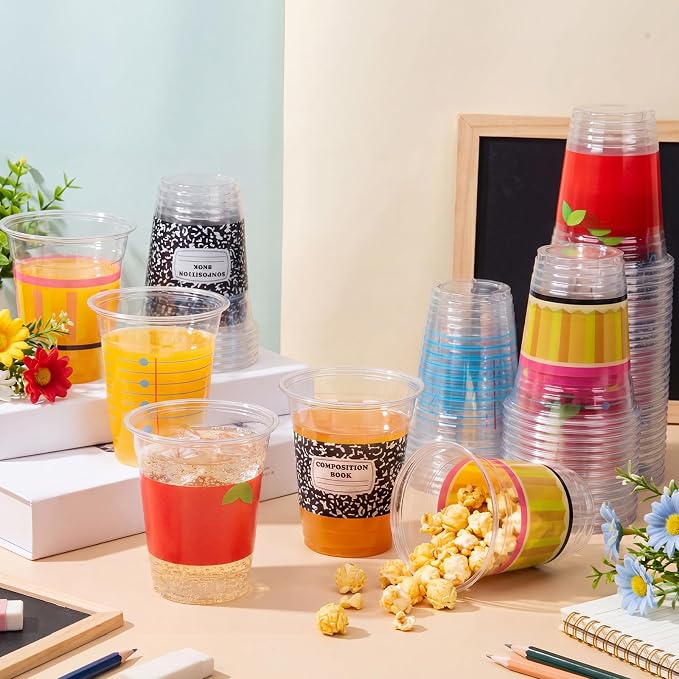 Funnymoom 60 Pcs Back to School Plastic Cups 12oz Composition Notebook Yellow Pencil Disposable Drinking Cups for First Day of School Graduation Teacher Appreciation Party Decoration Supplies