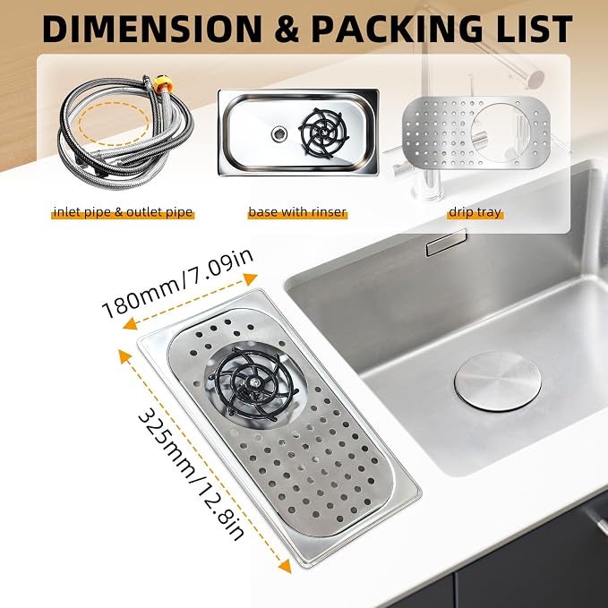Pitcher Rinser, High Pressure Cup Washer, Stainless Steel Recessed Countertop Cup Washer with Drain Drip Tray, for Home Kitchen, Restaurant, Bar, Coffee (silver)
