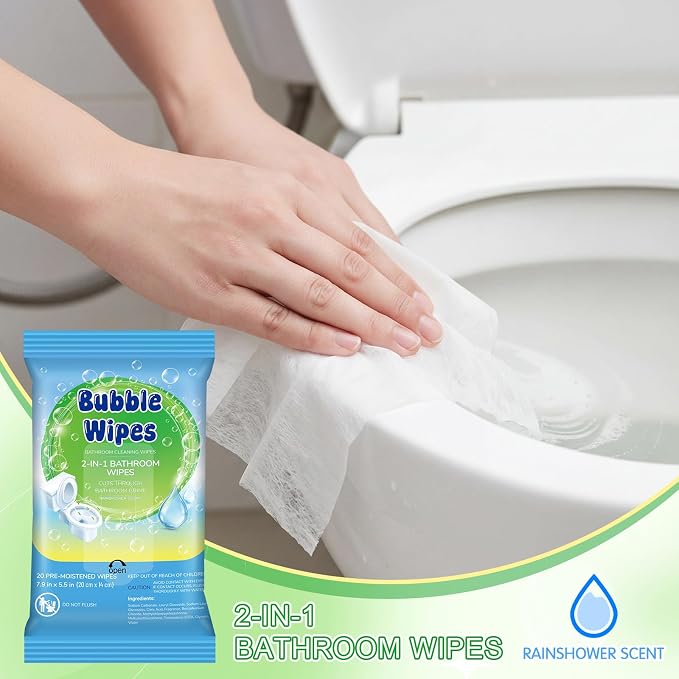 10 Pack Bathroom Cleaning Wipes 100/200 Count 2-in-1 Wipes Cleaner for Bathroom Toilet, Sink, Tile & Shower -Reusable Sealable Pouch, No Scrubbing Needed (Rain-dried Fragrance)