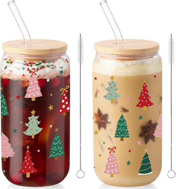 Sliner 2 Pcs Christmas Tree Glass Cups Summer Xmas Tumbler with Lid Straw Drinking Glasses 16 oz Iced Coffee Cup with Cleaning Brush Beer Can Tumbler Cute Holiday Gifts