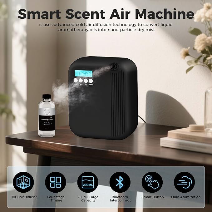 Hotel Collection Diffuser, House Scent Machine, 10000 Sq.Ft of Coverage, 200ml Large Capacity Aromatherapy Machine, Scent Diffusers for Home Large Room, Office Waterless Essential Oil Diffuser, Black