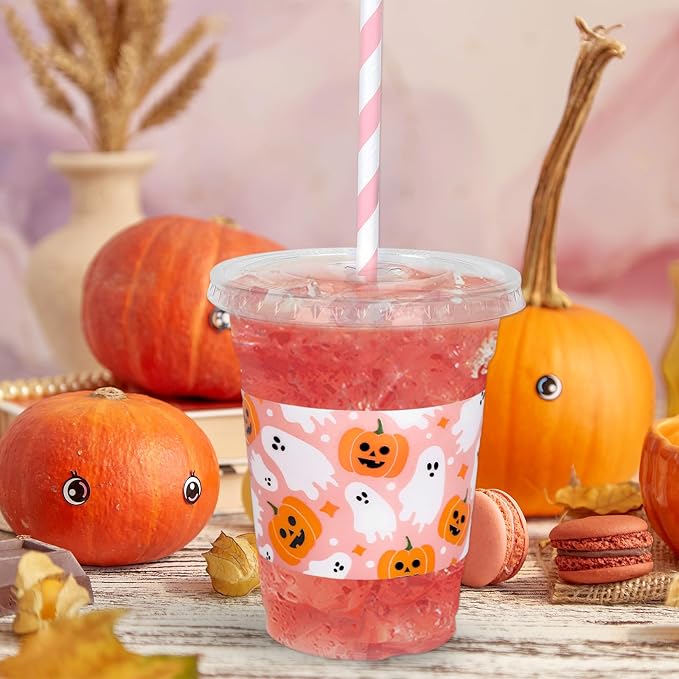Whaline 50 Pcs Halloween Disposable Plastic Cups with Lids and Straws 12 oz Cute Pink Pumpkin Ghost Cold Beverage Drinking Cups for Birthday Party Favors