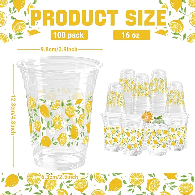 100 Pack Lemons Plastic Cups 16 oz Yellow White Fruit Flower Disposable Cup Clear Lemons Summer Spring Party Favor Drinking Cold Beverage Cup for Party Supplies Decorations