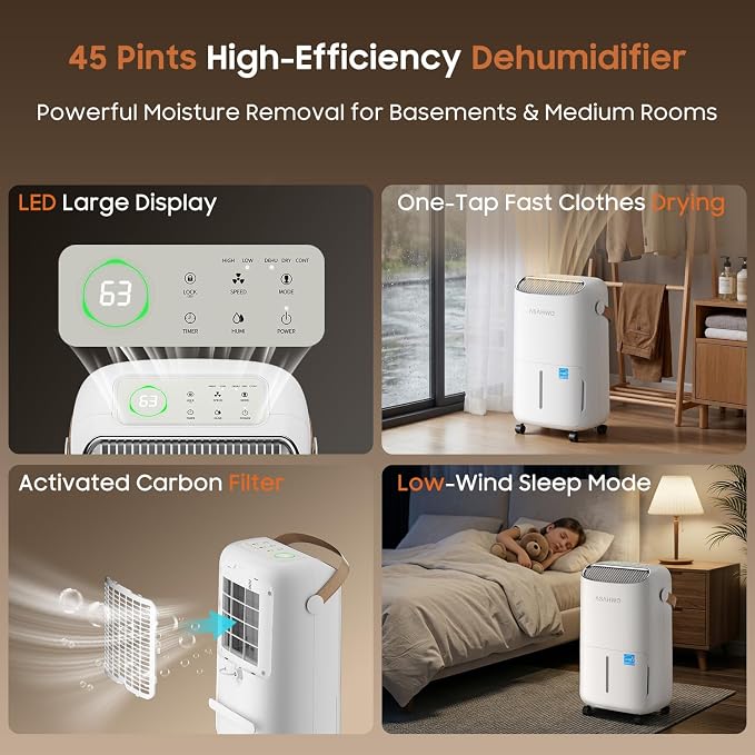 45 Pint 2025 Energy Star Dehumidifier for Spaces up to 4500 Sq.Ft for Basement and Home, Compressor Dehumidifier with Drain Hose,Large Room,Bedroom,Home,Bathroom