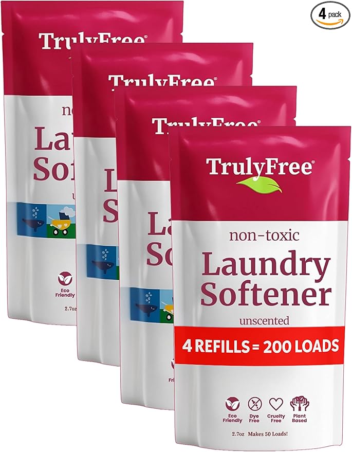 Truly Free Natural Fabric Softener | Non-Toxic for Babies & Kids Sensitive Skin | Plant-Based Laundry Softening Conditioner | Safe, Gentle & Chemical-Free | Unscented | 4 Pack Refill