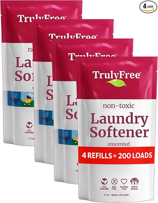 Truly Free Natural Fabric Softener | Non-Toxic for Babies & Kids Sensitive Skin | Plant-Based Laundry Softening Conditioner | Safe, Gentle & Chemical-Free | Unscented | 4 Pack Refill