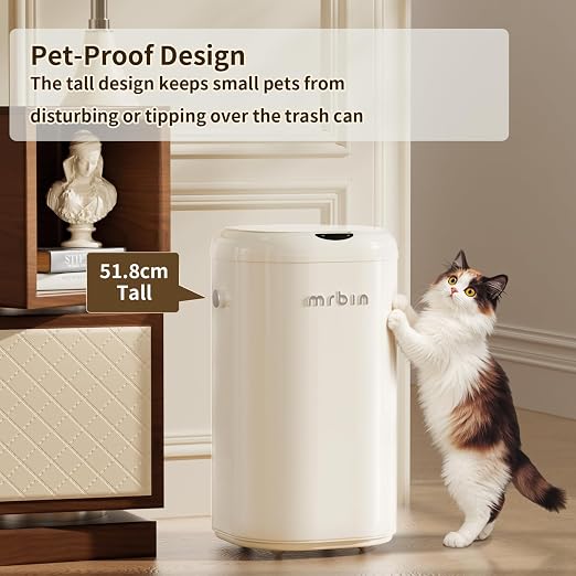 MRBIN Metal Motion Sensor Tall Kitchen Trash Can with Lid and Wheel, 8 Gallon Automatic Garbage Pail Touchless, Electric Covered Waste Basket for Bedroom, Rv, Office, Restroom, Cream White