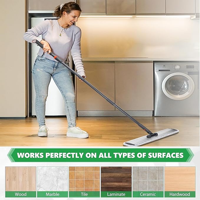 18" Microfiber Wet Mops Commercial mop Heavy Duty Flat with 4 Washable Pads | Static charged to attract hair,Deep Cleaning,Machine Washable,Versatile for All Floor Types,Pet-Friendly,Easy to Attach