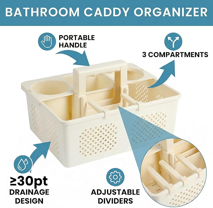 KMV Dorm Room Portable Shower Caddy with Adjustable Compartments - Ventilated Drainage Design with Handles, Perfect Toiletries Organizer for College Dorms-beige