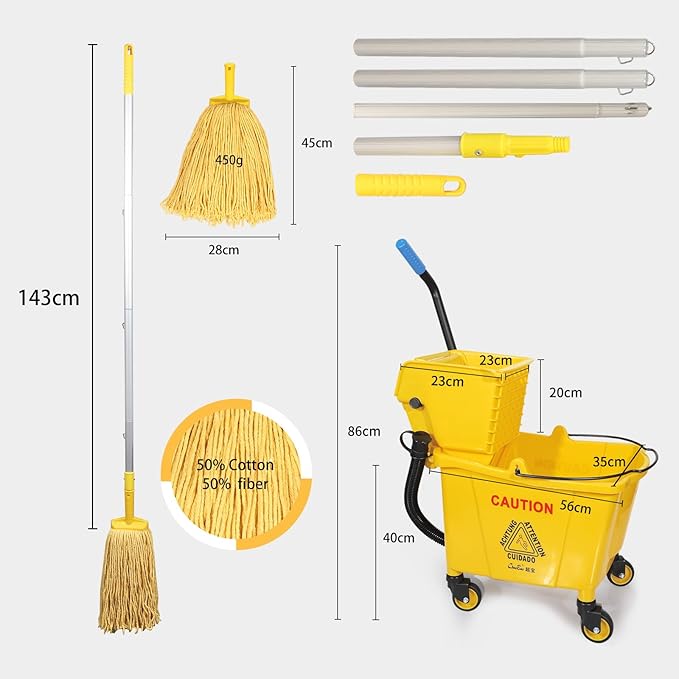 35-Quart Commercial Mop Bucket with Side Press Wringer on Wheels | Floor Cleaning , Including Commercial Mop and Mop Head Replacement,Yellow