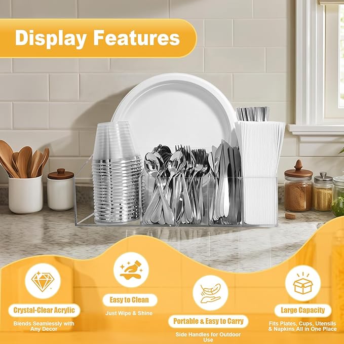 Acrylic Paper Plate Organizer and Dispenser – 6 Compartment Plate and Utensil Caddy for Plates, Cups, Napkins and Cutlery, Ideal for Kitchen, Parties, Picnics, Weddings, and Outdoor Events