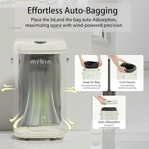 MRBIN Adsorption Metal Kitchen Motion Sensor Trash Can Removable, 30L / 7.9gal Automatic Absorbing Bag Lidded Garbage Bin with Wheels, Commercial Waste Basket for Office and Bedroom, Bathroom, White