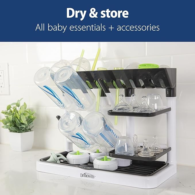 Dr. Brown's Baby Bottle Drying Tower, Stand-Up Drying Rack with Reusable Sponge Baby Bottle Cleaning Brush Set, 3-Pack, Grey