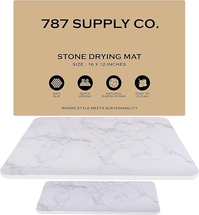 J.B Large Stone Drying Mat for Kitchen Counter - Quick Dry Stone Mat with Sink Caddy, Ultra Absorbent Dish Drying Stone for Kitchen Counter and Bathrooms, 16 x 12 Inch (Light Gray/White Marble Finish)