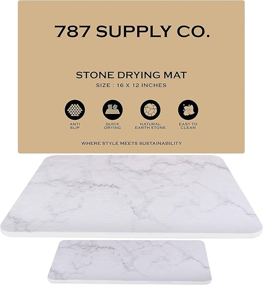 J.B Large Stone Drying Mat for Kitchen Counter - Quick Dry Stone Mat with Sink Caddy, Ultra Absorbent Dish Drying Stone for Kitchen Counter and Bathrooms, 16 x 12 Inch (Light Gray/White Marble Finish)